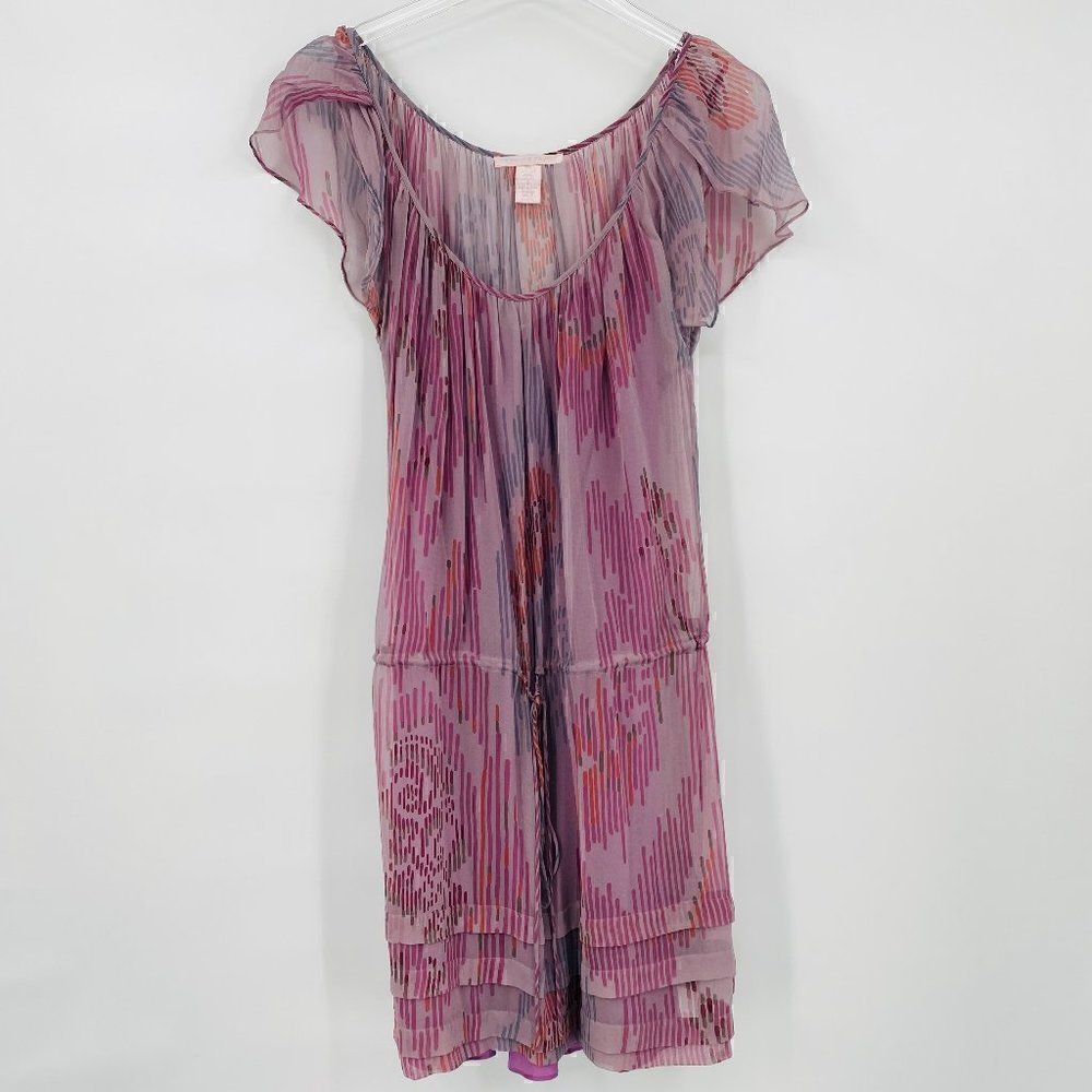 Rebecca Taylor Size 6 Purple & Pink Silk Flutter Sleeve Drawstring Waist Dress